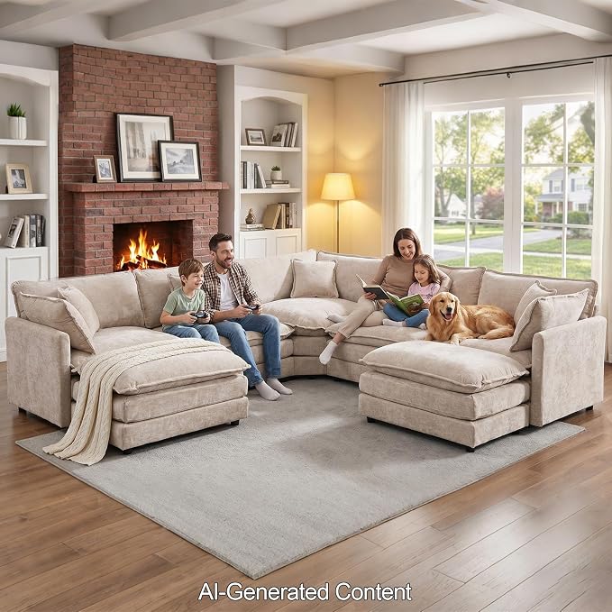 GNIXUU Cloud Couch Oversized Modular Sectional Sofa for Living Room, Modern Chenille 7 Seater Corner Sofa with Deep Seat, Large U-Shaped Couch Set for Spacious Space Apartment, Camel