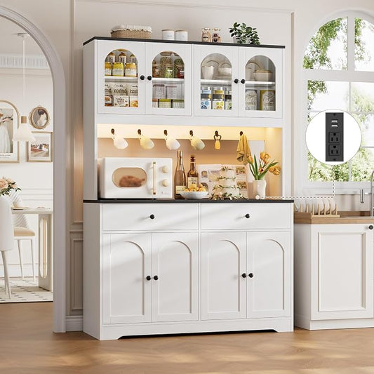 HIFIT 71" LED Kitchen Pantry Cabinet with Power Outlet, Large Kitchen Hutch Cabinet with 2 Storage Drawers & Arched Door, Countertop & Hooks, Tall China Bar for Dining Living Room (White + Black)