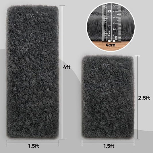 Ophanie Small Rug Washable Non Slip Throw Bedside Area Rugs, Fluffy Soft Mini Bedroom Carpet, 1.5x2.5 and 1.5x4 Rug Set, 2 Piece Grey