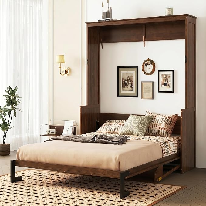PVWIIK Murphy Multifunctional Bed Frame with Storage Shelf & Wooden Slat Support Mattress Foundation for Adult,Girls,Boys,Queen Size Murphy Bed,Wood Hidden Wall Bed Space-Saving Cabinet,Walnut