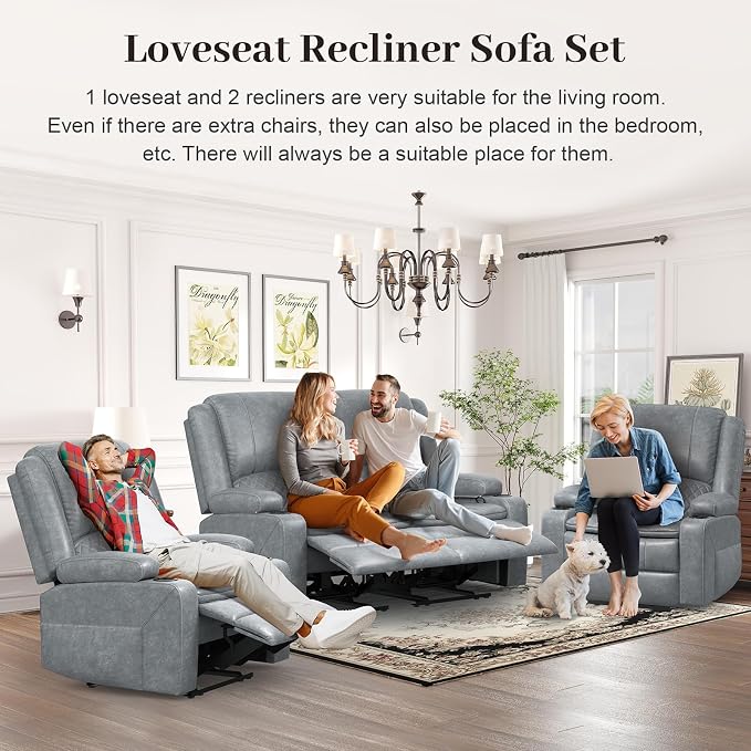 Yolsali Loveseat Recliner Sofa Set with 2-Tier Cushion, 2+1+1 Pieces in Living Room, 2 Seater Reclining Loveseat Leather with Removable Console, 2 Oversize Recliner Chair Sofa Seat - Gray PU