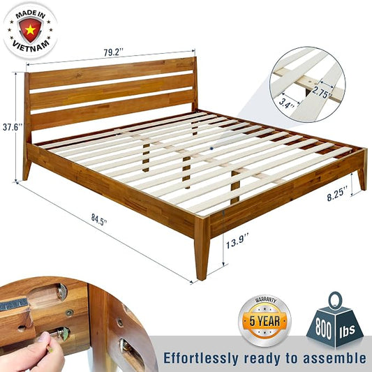 Acacia Emery Bed Frame with Headboard Solid Wood Platform Bed, King Size Bed Frame, Mid - Century Modern Wood Bed Compatible with All Mattresses, Easy Assembly, Non-Slip, Caramel.