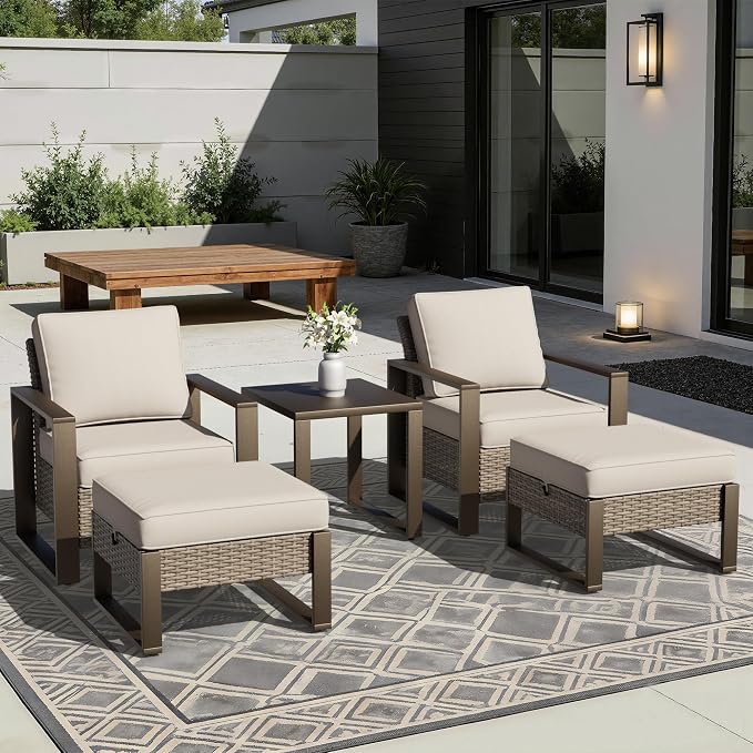 Joyside Outdoor Patio Chairs, 4 Pieces Wicker Rattan Furniture Set, 2 Patio Chairs, 2 Ottoman and 1 Table, Metal Wide Armrest, Thick Cushions and Deep Seating for Garden, Backyard, Porch, Deck