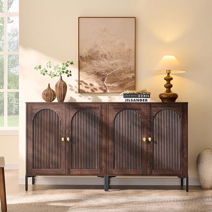IFGET Modern Buffet Cabinet with Storage, 61.75" W Fluted Arched Sideboard Cabinet w/Adjustable Shelves, Wooden Modular Coffee Bar for Dining Room, Kitchen, Living Room, Entryway, Brown