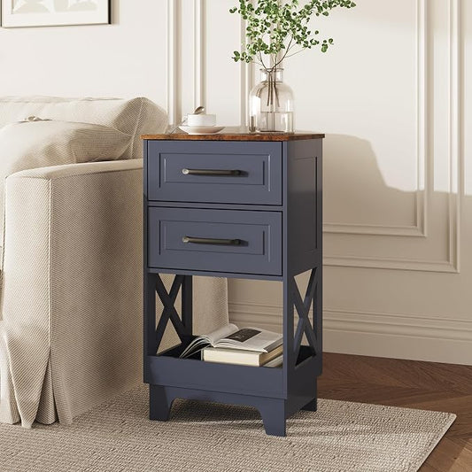 Tall Nightstand Set of 2 Side Table Modern Night Stand with 2 Drawers Wooden Rustic End Table Bedside Table with Upper Open Shelf Solid Feet for Bedroom Navy Blue+Walnut