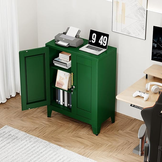 Green Metal Storage Cabinet, 36" Tall Locking Storage Cabinet with 2 Adjustable Shelves, Steel Locker Organizer, for Office, Home, School