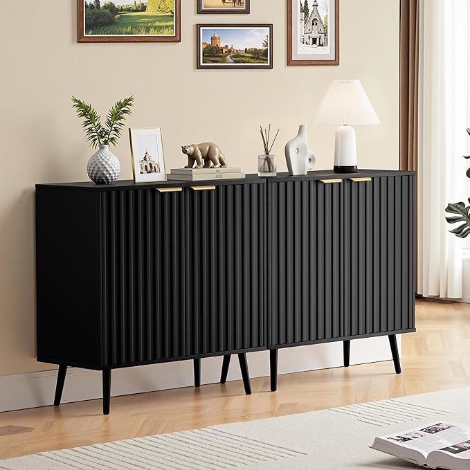 Set of 4 Fluted Storage Cabinet, Buffet Cabinet with Storage, Wood Sideboard with Adjustable Shelf, Modern Accent Cabinet & Console Table for Entryway, Living Room, Dining Room, Black