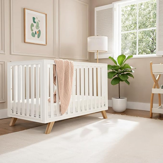 Comfy Cubs Baby Crib for 0 to 3 Years - Adjustable Mattress Height, Natural Wooden Crib for Baby, Elegant Nursery Furniture - 80 lbs Capacity Nursery Bed - White Bars and Frame with Natural Wood Leg