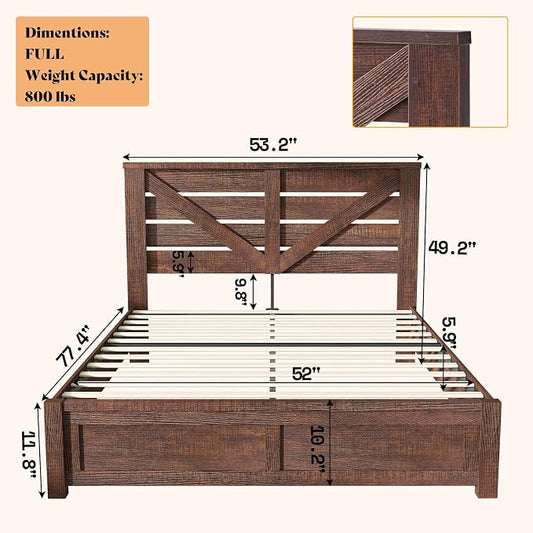 AMERLIFE Full Size Bed Frame with 49.2" Barn Door Headboard and Footboard, Rustic Farmhouse Platform Bed Frame with Wood Slats, No Box Spring Needed, Under Bed Storage, Reclaimed Barnwood