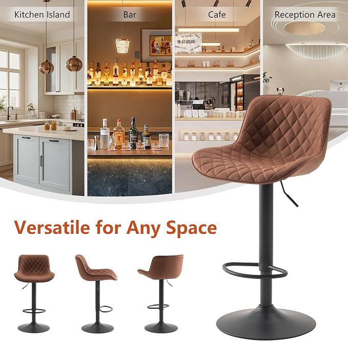 YOUTASTE Coffee Brown Bar Stools Set of 2 Adjustable Counter Height Barstools Faux Leather Bar Stool with Back Swivel Modern Metal Diamond Bar Chairs Home Kitchen Island Restuarant