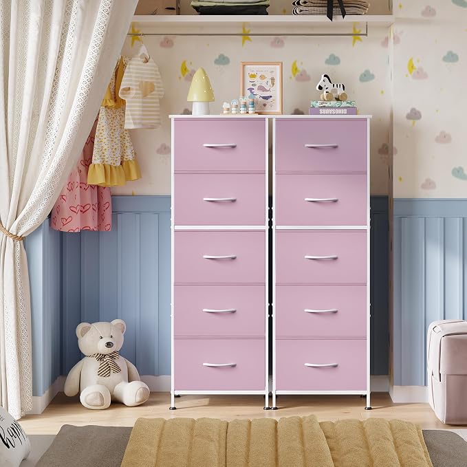WLIVE Fabric Dresser for Bedroom, 5-Drawer Tall Dressers, Storage Organizer with Fabric Bins, Wood Top, Sturdy Steel Frame, Chest of Drawers for Closet, Hallway, Cloudy Pink