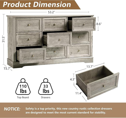 LOUVIXA Farmhouse Bedroom Sets of 4, Including 9 Drawer Dresser, 5 Drawer Dressers and Nightstand Set of 2 with Charging Station (Grey Sets, 4 Pieces)