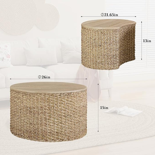 Nesting Coffee Table Set of 2, Rustic Crate and Barrel Coffee Table, Hand-Woven Woven Nesting Tables with Soild Wood Cover for Living Room, Bedroom