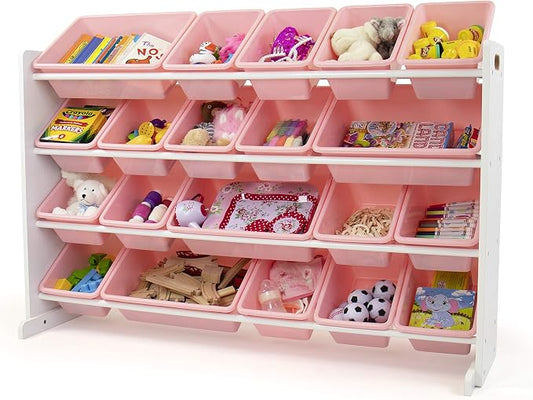 Humble Crew Toy Storage Organizer with 20 Removable Storage Bins for Kids Playroom, 4-Tier Toddler Toy Organization and Storage, White/Pink