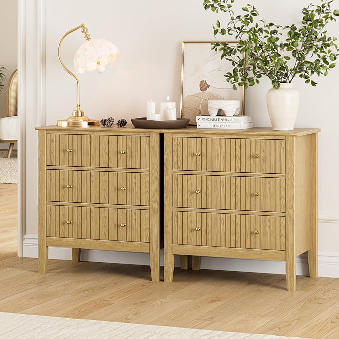 Night Stand, Fluted 3 Drawer Wide Farmhouse Nightstand with Gold Handle, Modern Wooden Bedside End Table for Bedroom, Living Room, Oak