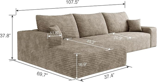 107" Boneless Couch with L Shaped Chaise, Plush Corduroy Sleeper Sectional Sofa, Deep Seat Comfy Couches for Living Room Bedroom, Compressed Foam Cloud Sofas, No Assembly, Left Facing Chaise, Camel