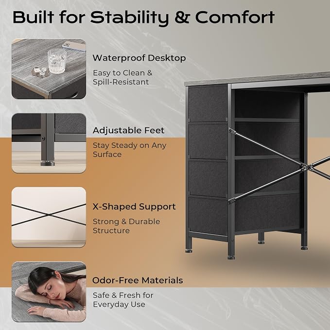 Huuger 63 Inch L Shaped Desk with Fabric Drawers, Reversible Computer Gaming Desk with Power Outlets and USB-C Port, Adjustable Side Storage Shelves, for Work Study Corner Home Office, Grey