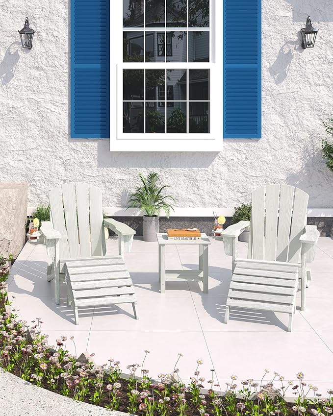 GarveeLife Folding Adirondack Chair Set of 4 with 2 Side Table, All-Weather HDPE Outdoor Chair, Wooden Textured with Cup Holder for patios, Decks, Gardens, fire pits, White