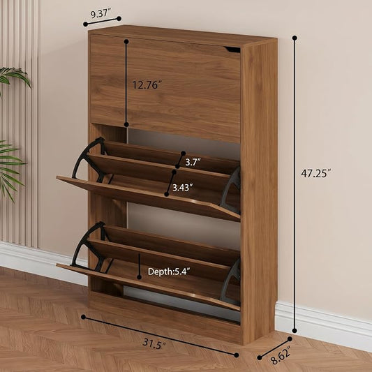 Shoe Storage Cabinet, Wood Shoe Organizer for Entryway with 3 Flip Drawers, Freestanding Shoe Rack with Adjustable Shelf, Narrow Shoe Dresser for Front Door Entrance (Walnut, Standard 3 Drawers)