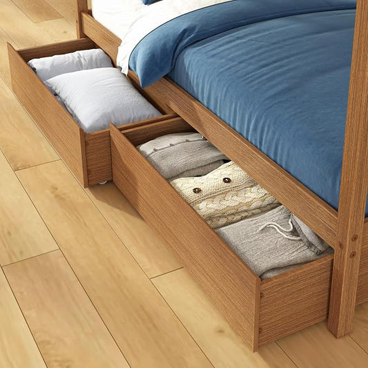 Grain & Grove Bear Twin Over Twin Bunk Bed with Storage Drawers, Sturdy Bunk Bed Frame for Kids, Plywood Bunk with Ladder, Guardrail, and Slats, No Box Spring Required, Oak Embossed Pecan