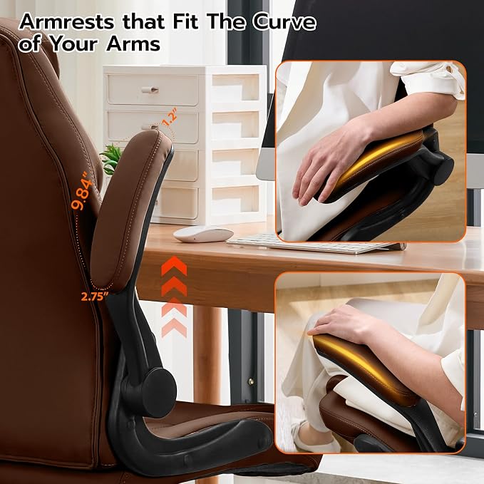 Ylzyxal Office Desk Chair, Ergonomic Computer Chair with Padded Flip-Up Arms and Adjustable Lumbar Support, PU Leather Executive Chair with Tilt Lock and 360° Swivel Rolling Wheels for Work, Study