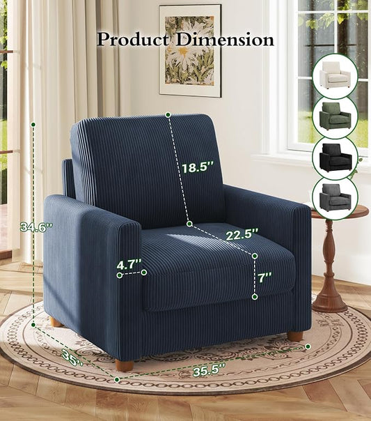 Kidirect 35.5in Oversized Accent Chair, Easy to Assemble Living Room Chairs, Corduroy Reading Chair for Bedroom, 22.5in Deeper Seats Accent Chairs for Living Room, Comfy Armchair Reading Nook, Navy