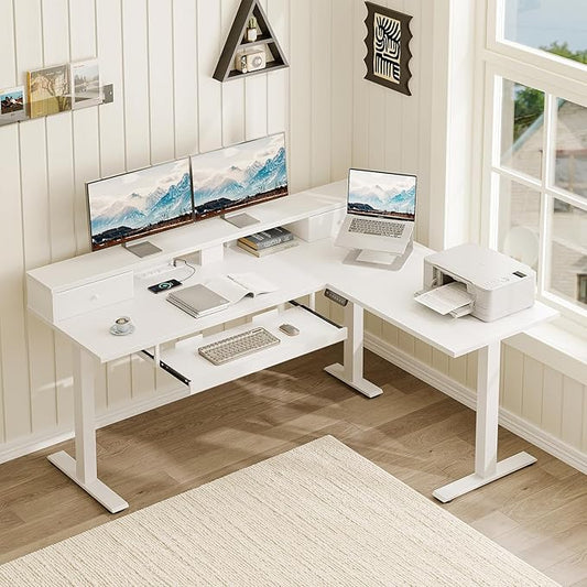 Casaottima 59 Inch Electric L-Shaped Standing Desk with Drawers, Height Adjustable Stand Up Corner Desk with Monitor Stand & Keyboard Tray, Lift Table for Home Office, Workstation, White