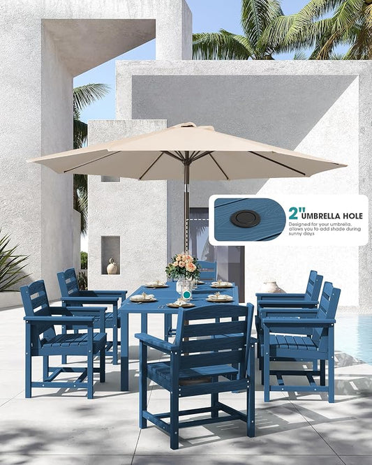 SERWALL HDPE and Aluminum Outdoor Dining Set for 8, Blue | 60" - 83" Expandable Outdoor Dining Table and 8 HDPE Chairs, All Weather Outdoor Furniture Set