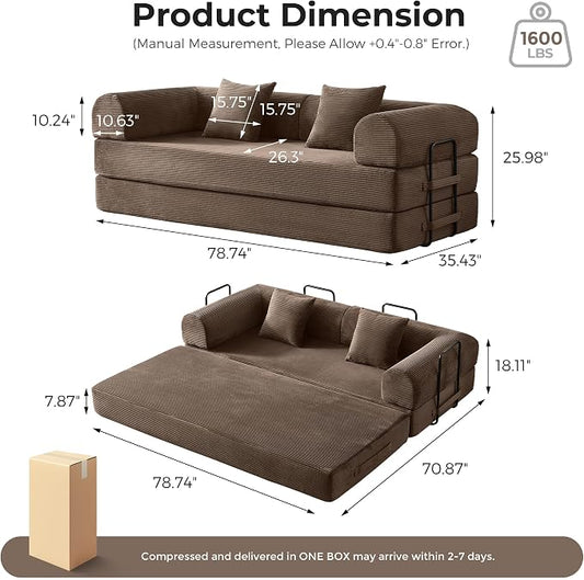 79" 5-in-1 Convertible Sofa Bed No Assembly, Boneless Couch Bed with High Density Foam, Foldable Sleeper Sofa, Corduroy Modular Couch for Apartment, Studio, Dorm Room, Small Space, Brown