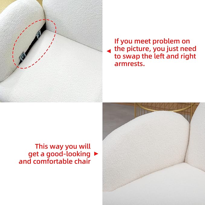 Accent Chair White with Golden Metal Legs,Reading Chair for Bedroom Comfy, Boucle Sherpa Chair for Living Room, Bedroom