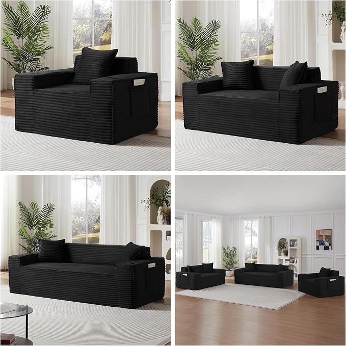 Boneless Sectional Sofa Couch with Cup Holders & Side Pockets, Modern Corduroy Fabric Deep Seat 3-seat Cloud Couch for Living Room Office, No Assembly (Black)