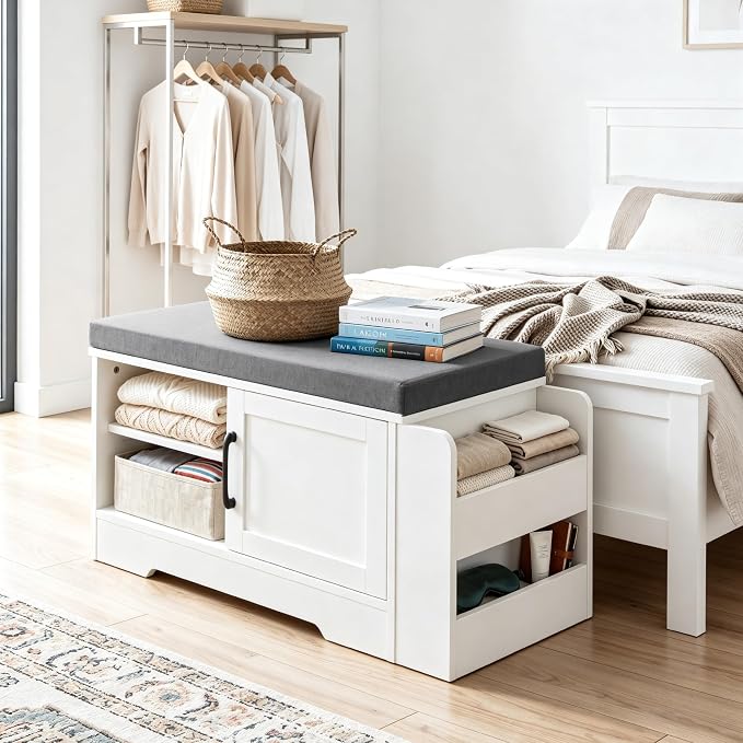 GRUSIGN 27.8" Shoe Storage Bench with Cushion, Entryway Shoe Cabinet, White | 3-in-1 Shoe Storage Bench, Adjustable Shelves, Removable Cushion, 300 lbs Capacity, Entryway, Apartment, Families