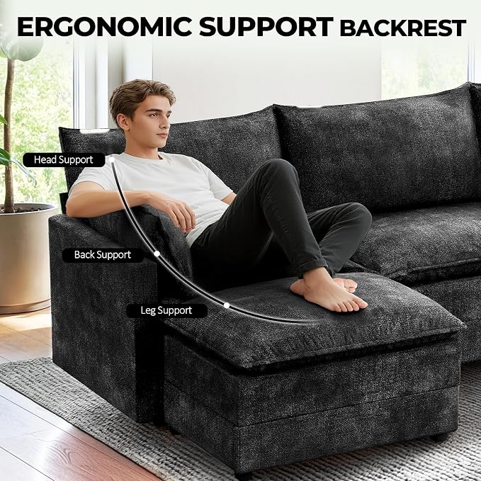 LEVELEVE 147" U-Shape Modular Sofa with 2 Ottomans, Deep Seat Cloud Convertible Sleeper, 2 Arm Pillows, Comfortable Large Upholstered Furniture for Living Room Apartment, Black