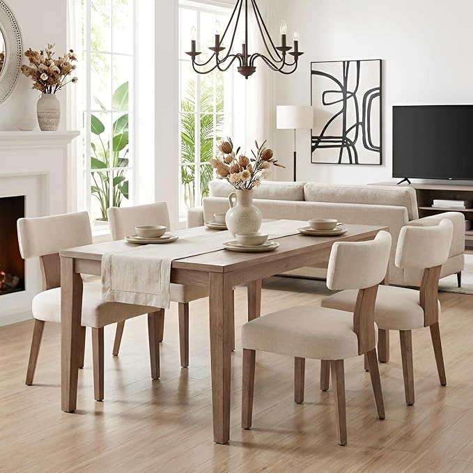 HNY Mid Century Modern Dining Chairs Set of 4, Upholstered Linen Kitchen & Dining Room Chairs with Ergonomic Curved Backrest, Solid Wood Legs, Farmhouse Accent Chair for Home, Apartment, Beige
