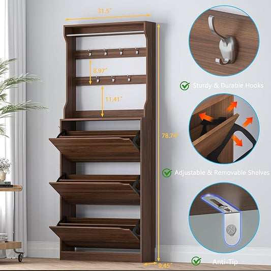 BORNOON Shoe Cabinet with 3 Flip Drawers & Coat Rack, Narrow Hidden Shoe Storage Cabinet, 2-in-1 Hall Tree Slim Freestanding Shoe Rack Organizer for Entryway, Hallway, and Living Room