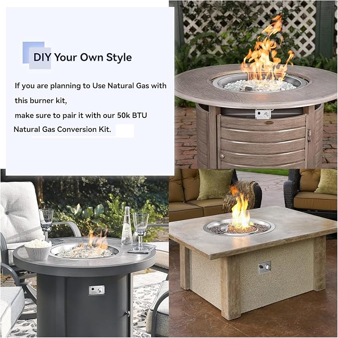 Skyflame 19" Round Stainless Steel Fire Pit Drop-in Burner Kit with Flame Sensing, Electronic Spark Ignition, Propane Regulator Connector Hose Set for Propane Tank