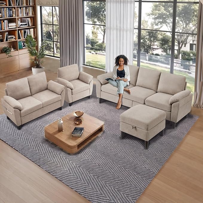 4 Piece Convertible Sectional Sofa Set, Modern Linen Small L Shaped Couch with Reversible Chaise, 3-Seater Sofa & Loveseat & Armchair for Living Room, Office, Apartment, Beige