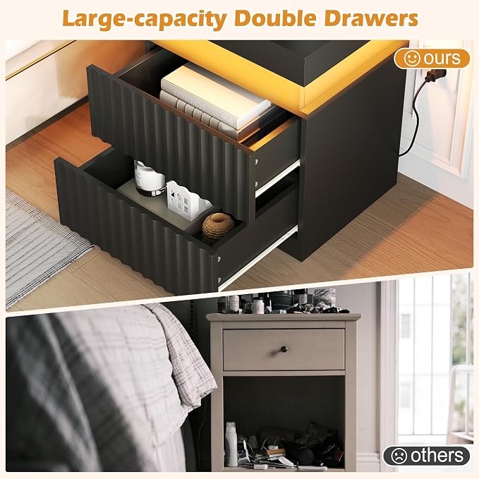 Nightstand Set of 2 Black Nightstand with Charging Station LED Night Stands with Drawers Modern Bedside Table with Sliding Top Night Table Fluted End Tables for Bedroom, Apartment, Dorm