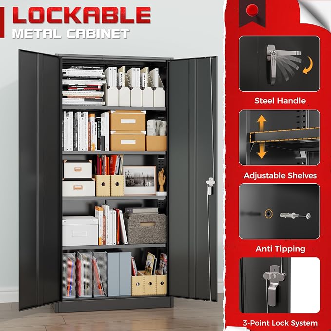 Bonusall 72" Storage Cabinet,Heavy-Duty Steel Cabinet with 2 Locking Doors & 4 Adjustable Shelves for Home
