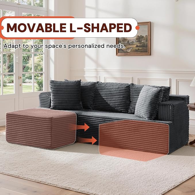 Korser Boneless Couches for Living Room, Cloud Couch Sectional with Ottoman, L-Shaped Sofa with Fluffy Comfy Corduroy Deep Seat, Bedroom, Apartment, No Assembly Required