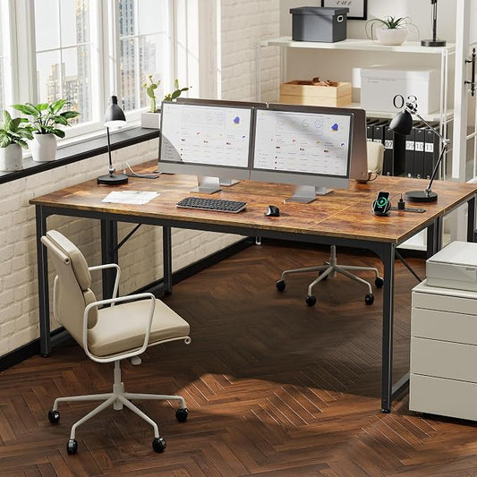 PRAISUN 70 X 24 Inch Office Computer Desk with Power Outlets and USB-C Port, Larger and Longer Gaming Desk, for Home Office, Study, Writing Work from Home Table, Metal Frame, Rustic Brown