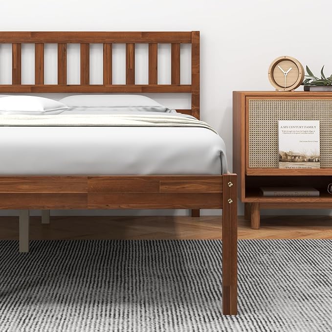 Giantex Wood Full Size Bed Frame with Headboard, Mid Century Solid Wood Bed with Slat Support, No Box Spring Needed, Double Bed Frame with 16" Under Bed Storage, Walnut