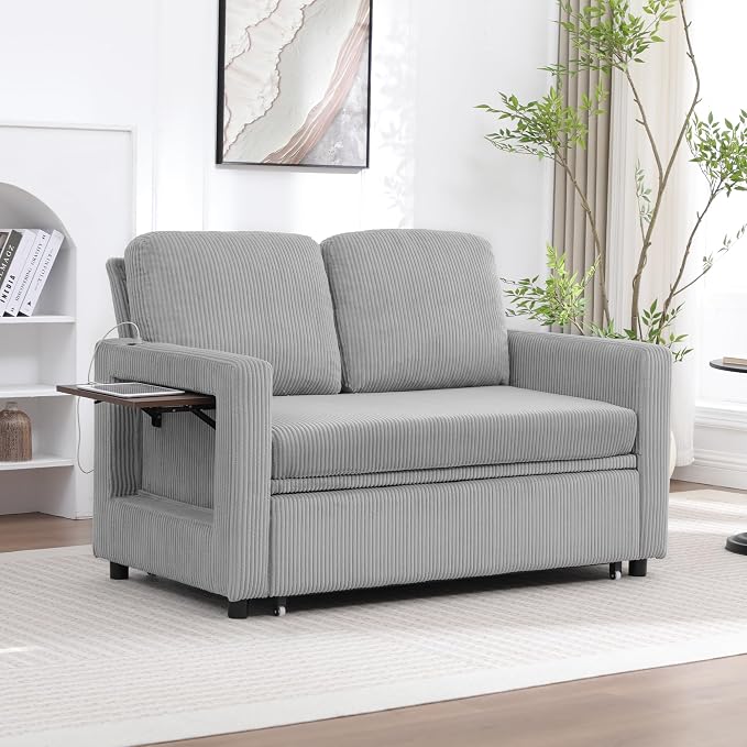 3 in 1 Folding Convertible Sleeper Sofa Bed, Pull Out Couch with Side Pockets USB Port Side Table Loveseat Sofa Bed with Adjustable Backrest for Living Room Bedroom 66" LIGHTGREY 2 SEAT