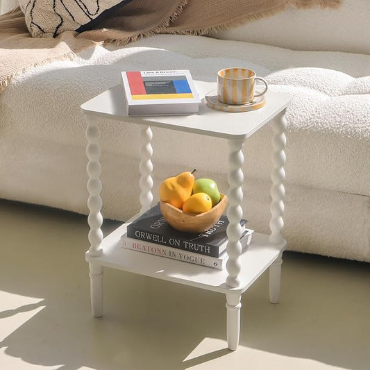 Fultyle White End Table, Small Side Table with Storage Shelf, 2-Tier Modern Night Stand for Bedroom, Living Room, Small Spaces (White)