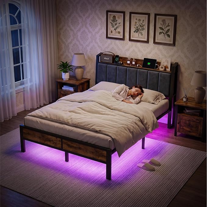 Full Size Bed Frame with Smart LED Lights and Charging Station, Storage Headboard, Heavy Duty Metal Platform Bed, Noise Free, No Box Spring Needed, Easy Assembly