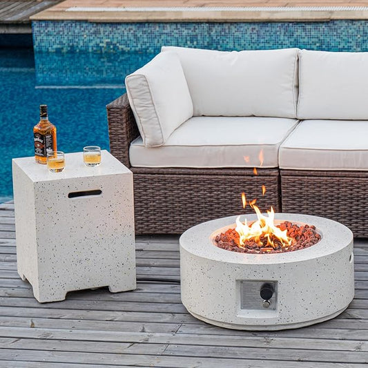 COSIEST 2-Piece Outdoor Propane Fire Pit Table Set w Tank Table, 28" Terrazzo Round Fire Table (Certified, 40,000 BTU) w 16" Tank Cover Side Table 20lb, Waterproof Cover for Garden, Pool, Backyard