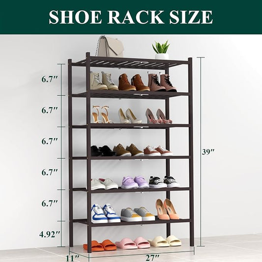 Smiry Bamboo Shoe Rack, 6 Tier Free Standing Wooden Shoe Organizer, Stackable Wood Shoe Storage Shelf for Closet, Entryway, 14 Vertical Slats, 2+2+2 Stack Heavy-Duty Legs, 26.8"x11"x39", Brown