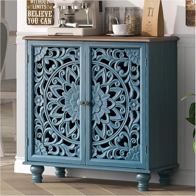 JOINICE 31" Accent Storage Cabinet with Mandala Carved Doors,Blue & Walnut | Carved Floral Design, Solid Wood Legs, Farmhouse Style, Versatile Storage for Living Room/Bedroom/Hallway, Adjustable Shelf
