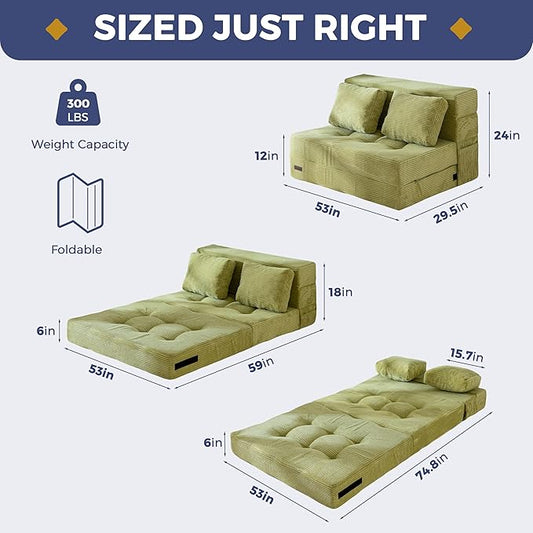 MAXYOYO Convertible Sofa Bed, Fold Out Sofa Couch with Pillow, 4 in 1 Tufted Folding Couch Bed Foam Floor Couch, Lazy Chair for Living Room Bedroom Guest Room, Green
