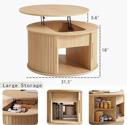 LINSY Lift Top Coffee Table, Round Fluted Coffee Table with Storage, Boho Wooden Coffee Tables with Sliding Tambour Door, 31.5" Center Table for Living Room, Office, Small Space, Natural Oak